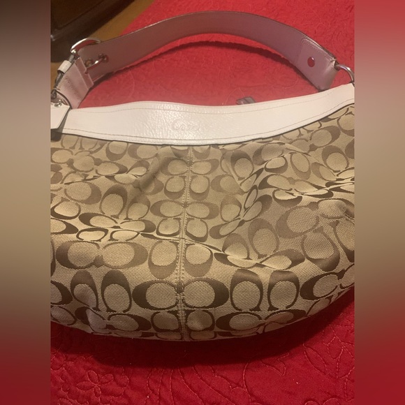 Coach Logo CC Monogram Luxury Handbag Tan White Shoulder Bag Hobo Style PreOwned - Picture 2 of 8